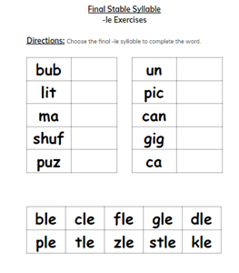Picture of Final Stable Syllable Exercises