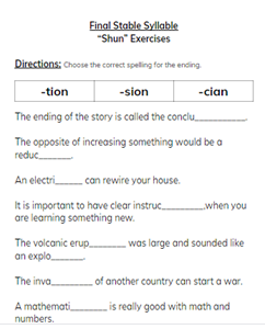 Picture of "Shun" stable syllable Exercises