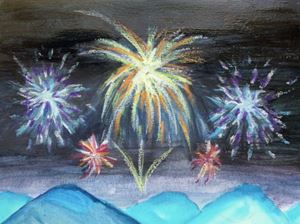 Picture of Step 3 Fireworks Painting: Adding Oil Pastels, Water, and Another Layer to the Sky