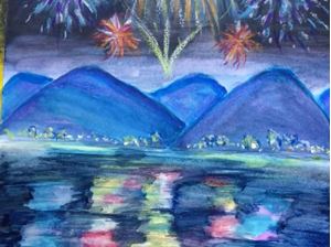 Picture of Step 4 Fireworks Painting: More Oil Pastels and Details to the Water and Background